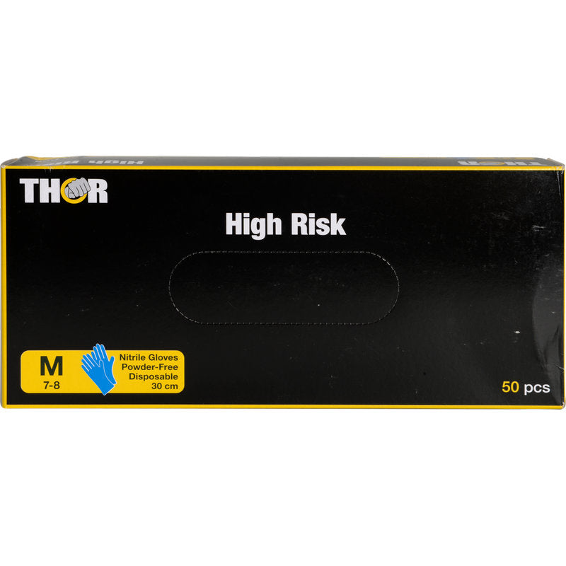 Eine überwiegend schwarze Schachtel mit gelben und blauen Akzenten enthält 50 blaue, puderfreie Thor High Risk Nitril-Handschuhe zum Einmalgebrauch (30 cm, Größe M/7-8) von Abena Re-Seller GmbH. Bietet Chemikalienschutz.