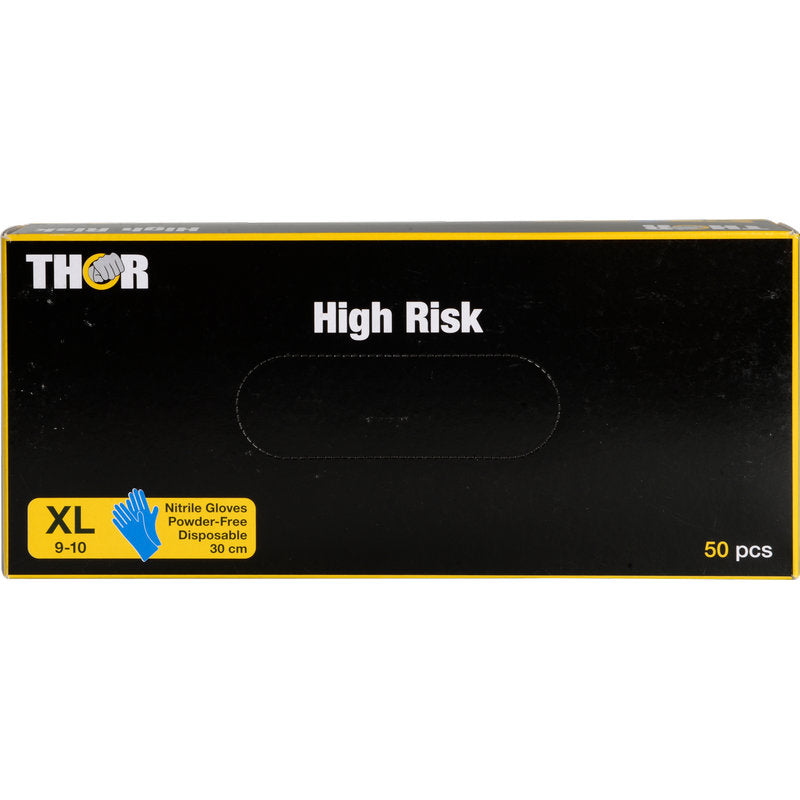 Eine schwarze Schachtel mit der Aufschrift "Thor High Risk Nitril-Handschuhe, Blau, 30 cm" der Abena Re-Seller GmbH enthält 50 puderfreie Einmalhandschuhe im Format XL (9-10), die einen zuverlässigen Chemikalienschutz bieten.