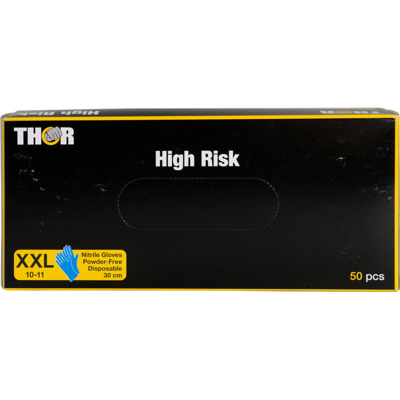 Eine blaue Schachtel Thor High Risk Nitril-Handschuhe, 30 cm lang, von Abena Re-Seller GmbH. Die puderfreien Einweg-Chemikalienschutzhandschuhe werden in einer Packung mit 50 Stück geliefert.
