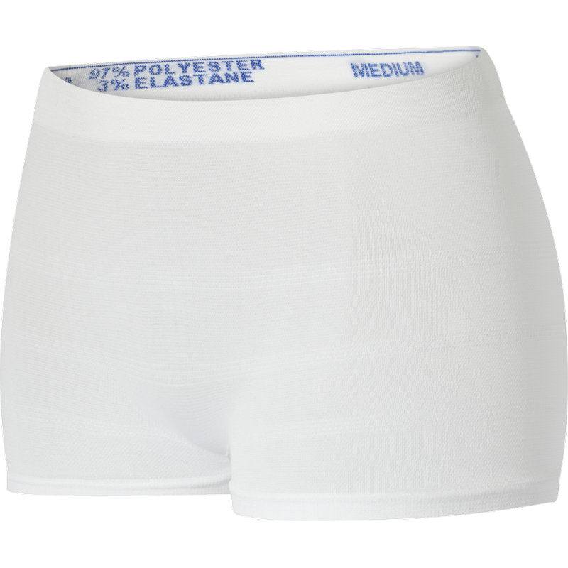 Die Fixierhosen ABENA Fix, Pants, Super von Abena Re-Seller GmbH sind weiße, nahtlos gestrickte Shorts (97% Polyester, 3% Elasthan) in mittlerer Größe, mit dehnbarem Bund und auf weißem Grund.