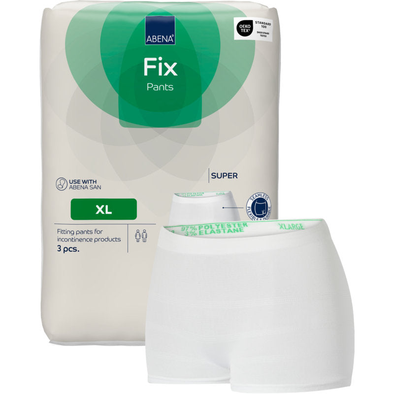 Eine Packung der Abena Re-Seller GmbH Fixierhosen ABENA Fix Pants Super ist neben einer weißen Netzfixierhose abgebildet. Die Verpackung enthält 3 Stück und ist sowohl mit "Super" als auch mit "Standard" beschriftet.