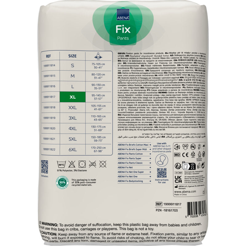 Eine Packung Fixierhosen ABENA Fix, Pants, Super von Abena Re-Seller GmbH in XL. Die weiße Verpackung mit grünen und blauen Akzenten zeigt auf der Rückseite eine Größentabelle, Produktinfos, Symbole und Warnhinweise.