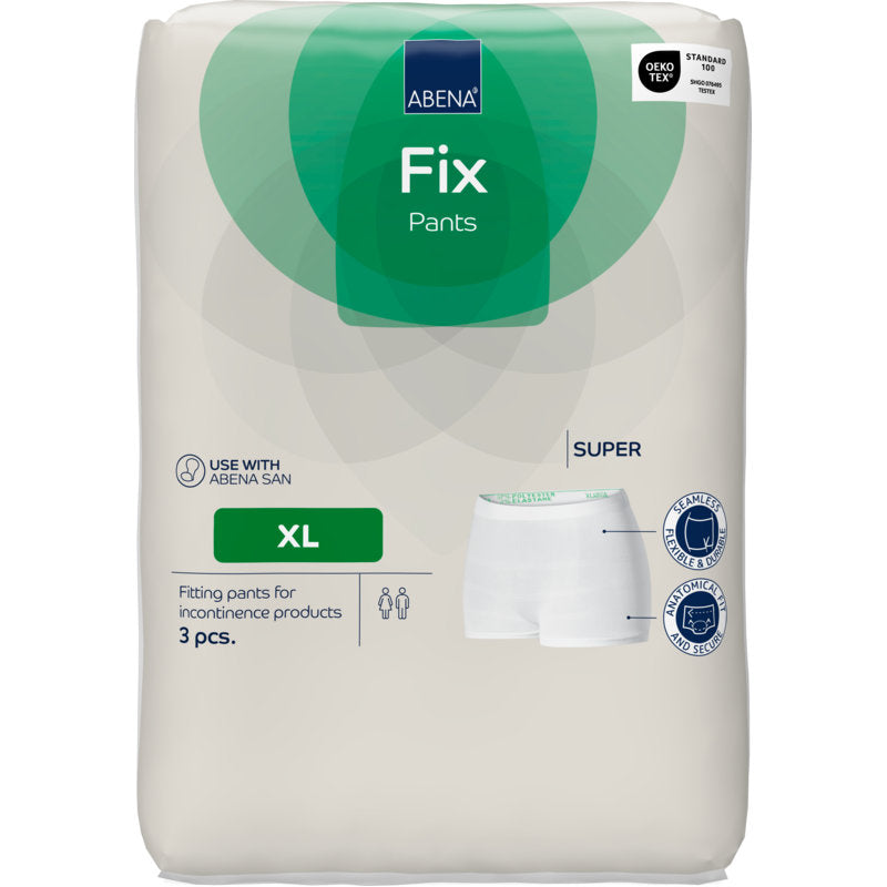 Eine Packung Abena Re-Seller GmbH Fixierhosen ABENA Fix Pants, Super (Größe XL, 3 Stück) kommt in weiß mit grünen Akzenten, mit einem Produktbild, Unisex-Symbolen und Etiketten für die Größe XL und Inkontinenz-Kompatibilität.