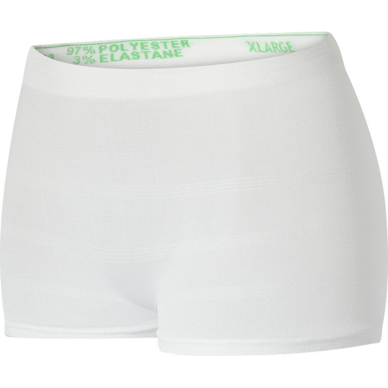 Die Fixierhosen ABENA Fix, Pants, Super von Abena Re-Seller GmbH sind extra große, weiße nahtlose Einwegunterwäsche aus 97% Polyester und 3% Elastan, mit grünem Text im Bund.
