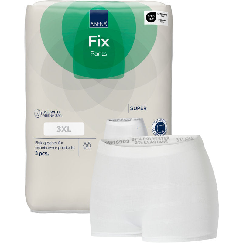 Abgebildet ist ein 3er-Pack "Fixierhosen ABENA Fix, Pants, Super" der Abena Re-Seller GmbH in der Größe 3XL mit weißen Einweg-Netzhosen für Inkontinenz. Die Verpackung ist in grau und grün gehalten.