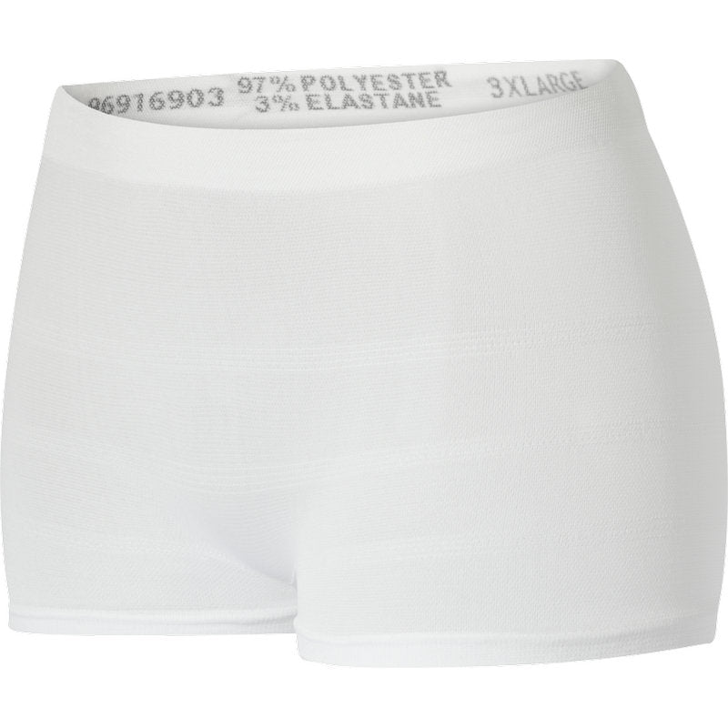 Ein Paar einfarbig weiße, nahtlose ABENA Fix Pants Super von Abena Re-Seller GmbH mit breitem Bund, beschriftet mit 97% Polyester, 3% Elastan, Größe 3XLarge.