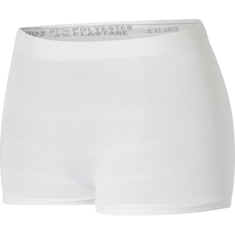 Die Abena Re-Seller GmbH Fixierhosen ABENA Fix, Pants, Super sind weiße, nahtlose, hochtaillierte Netzunterwäsche (Größe XL) aus 97% Polyester und 3% Elastan, abgebildet auf einfarbig weißem Untergrund.