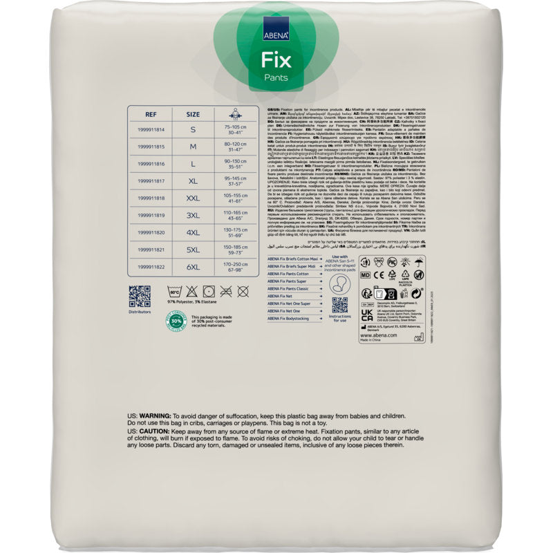 Eine weiße Packung Abena Re-Seller GmbH Fixierhosen ABENA Fix Pants, Super, mit einer Größentabelle, Produktinformation, Symbolen, Warnhinweisen und mehrsprachigen Angaben auf der Rückseite.