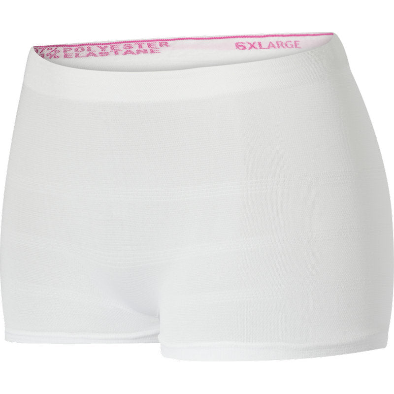 Die Fixierhosen ABENA Fix Pants Super von Abena Re-Seller GmbH sind weiße, hochtaillierte Einwegunterwäsche mit rosa "XLARGE"-Bund aus dehnbarem, nahtlosem Material.