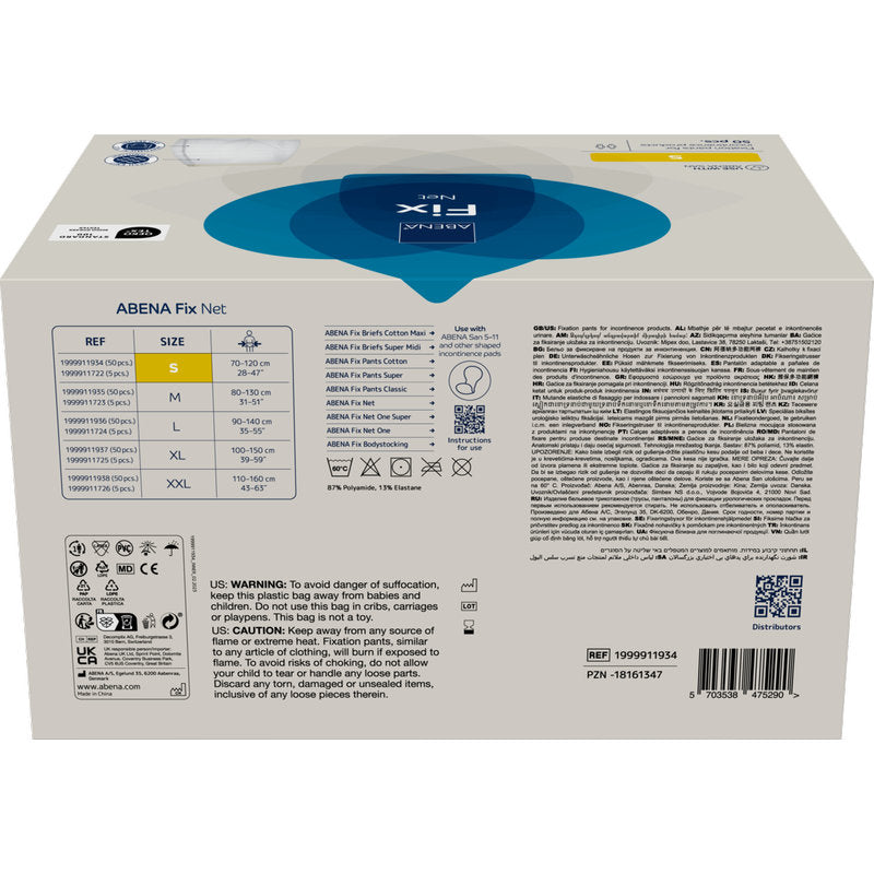 Eine rechteckige Schachtel Fixierhosen, ABENA Fix, Net by Abena Re-Seller GmbH, Größe S, mit Produktinformation, Größentabelle, Warnhinweisen, Barcode, Händlerangaben und mehrsprachigen Symbolen für Inkontinenzprodukte auf der Rückseite.