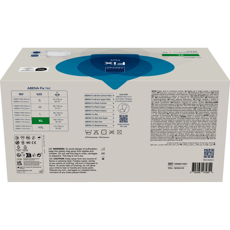 Auf der Rückseite einer ABENA Fix Net Fixierhosen-Verpackung der Abena Re-Seller GmbH befinden sich Größenangaben, Anwendungshinweise, Diagramme, mehrsprachige Anleitungen, ein Barcode und Warnhinweise. Die überwiegend weiße Schachtel ist mit blauen und grünen Akzenten für Inkontinenzprodukte versehen.
