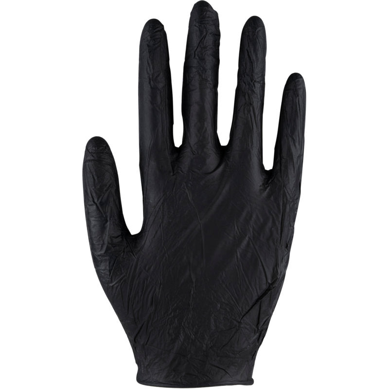 Ein einzelner Thor Ultra Sensitive Nitril-Handschuh Schwarz von Abena Re-Seller GmbH ist aufrecht mit gespreizten Fingern vor einem weißen Hintergrund abgebildet. Die Oberfläche des Handschuhs erscheint leicht zerknittert.