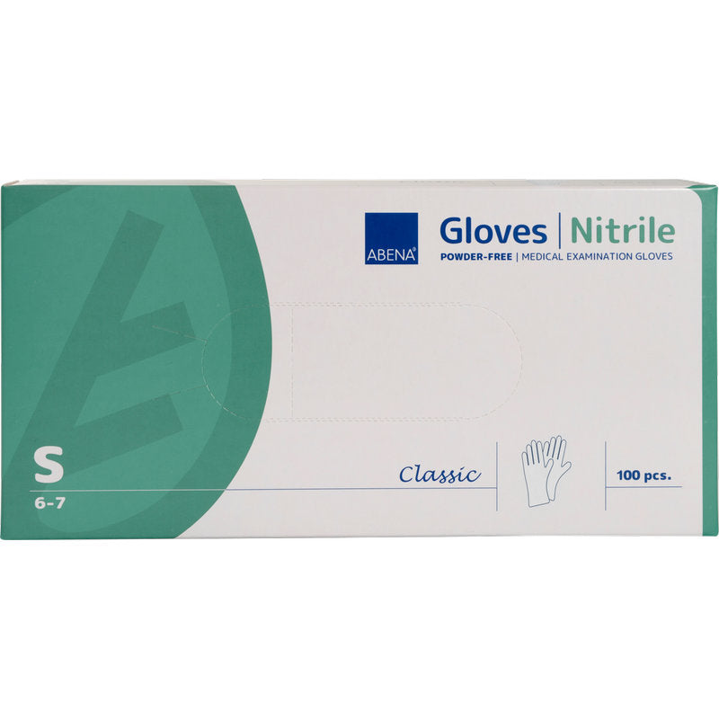 Eine Schachtel der Abena Re-Seller GmbH Nitril-Handschuhe, Classic, Puderfrei, Weiß (Größe S/6-7) enthält 100 Stück. Die grün-weiße Verpackung zeigt blaue Schrift und eine medizinische Handschuhabbildung.