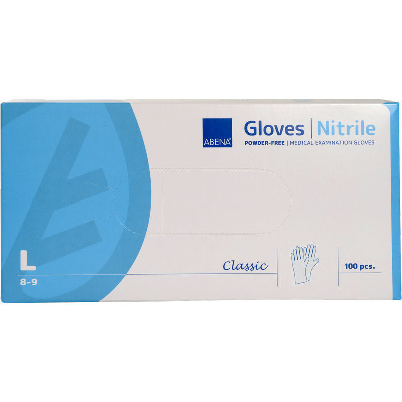 Eine Box Abena Re-Seller GmbH Nitril-Handschuhe Classic, puderfrei, weiß, Größe L (8-9), enthält 100 medizinische Einweghandschuhe. Die blau-weiße Verpackung zeigt Handschuhabbildung und Größenangabe.