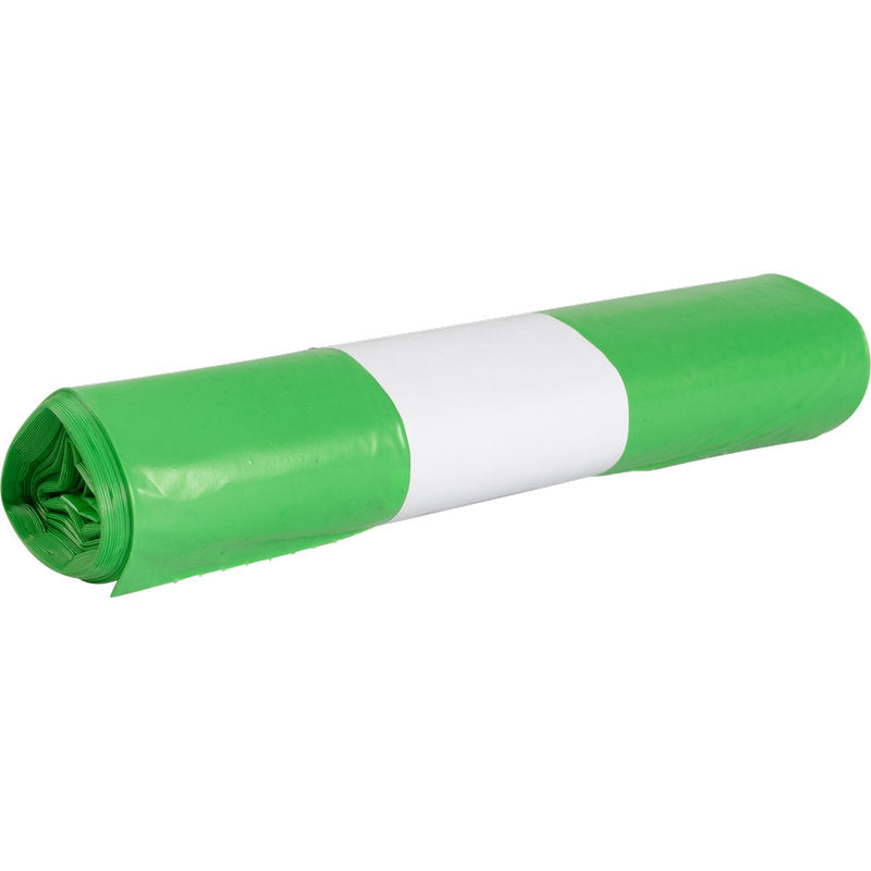 Eine Rolle Abena Re-Seller GmbH Abfallsäcke für Sækko Boy 40, 40 my LDPE Recycling-Müllsäcke mit einem weißen Papierband in der Mitte, abgebildet auf einem einfarbig weißen Hintergrund.