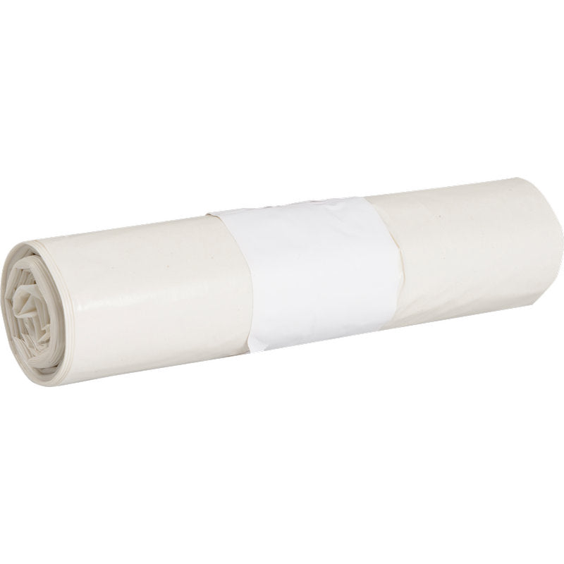 Ein aufgerollter Abena Re-Seller GmbH Abfallsäcke für Sækko Boy 40 (40 my LDPE recycelt), eingewickelt mit einem einfachen weißen Papierband und auf einem weißen Hintergrund platziert.