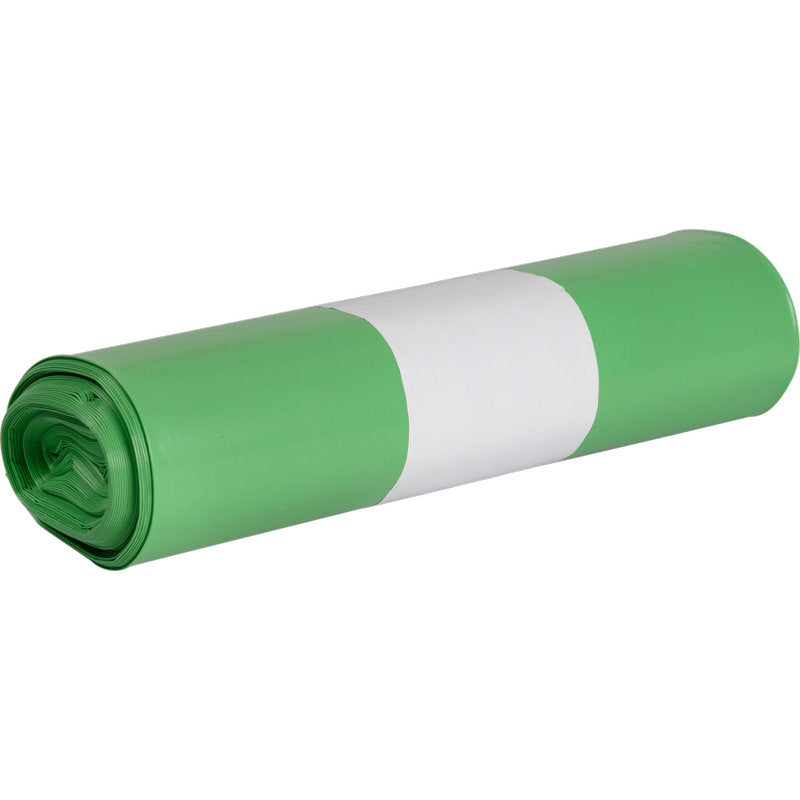 Eine Rolle Abfallsäcke für Sækko Boy 60, 55 my LDPE Recycled von Abena Re-Seller GmbH wird mit einem weißen Papierband in der Mitte fest umwickelt und horizontal auf einen weißen Hintergrund gelegt.
