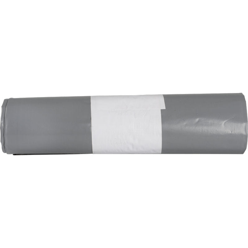 Eine Rolle grauer Abfallsäcke für Sækko Boy 60 (55 my LDPE Recycled) von Abena Re-Seller GmbH mit einem weißen Etikett in der Mitte, dargestellt vor einem schlichten weißen Hintergrund.