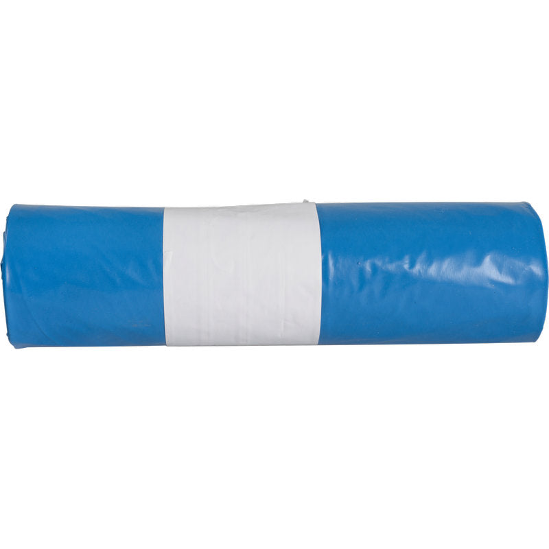 Eine eng gerollte blaue Abfallsäcke für Sækko Boy 120 (55 my LDPE Recycled) von Abena Re-Seller GmbH ist mit einem breiten weißen Band gesichert und vor einem weißen Hintergrund abgebildet.