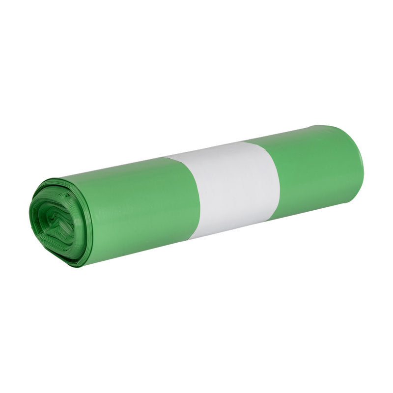 Eine Rolle Abfallsäcke für Sækko Boy 120, 55 my LDPE Recycled von Abena Re-Seller GmbH ist fest mit einem weißen Papierband um die Mitte gewickelt und wird vor einem schlichten weißen Hintergrund präsentiert.