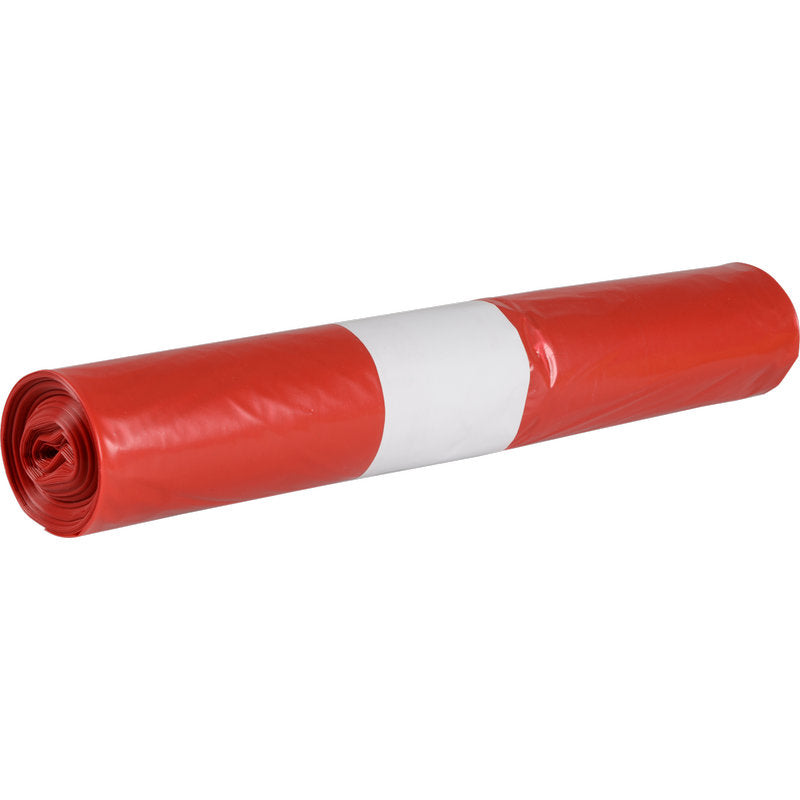 Ein aufgerollter roter Abena Re-Seller GmbH Abfallsäcke für Sækko Boy 120, 55 my LDPE Recycled Bag, gesichert mit einem weißen Papierband und platziert auf einem schlichten weißen Hintergrund.