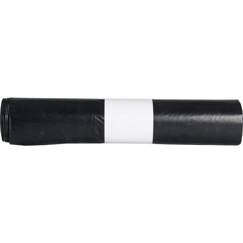 Ein aufgerollter Abfallsack für Sækko Boy 120 (55 my LDPE recycelt) von Abena Re-Seller GmbH, schwarz mit einem einfachen weißen Papierband in der Mitte, von der Seite auf weißem Hintergrund dargestellt.