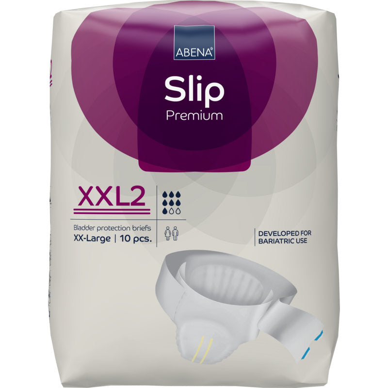 Eine 10er-Packung ABENA Slip Premium von Abena Re-Seller GmbH, Größe XXL2, für übergroße oder bariatrische Bedürfnisse; die Verpackung zeigt das Bild des Slips und hebt seine Eignung für große Größen hervor.