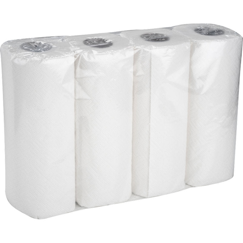 Eine Packung Küchenrolle, 2-lagig, 26 cm x 14 m, Weiß von Abena Re-Seller GmbH - vier Rollen nebeneinander in transparenter Plastikverpackung.