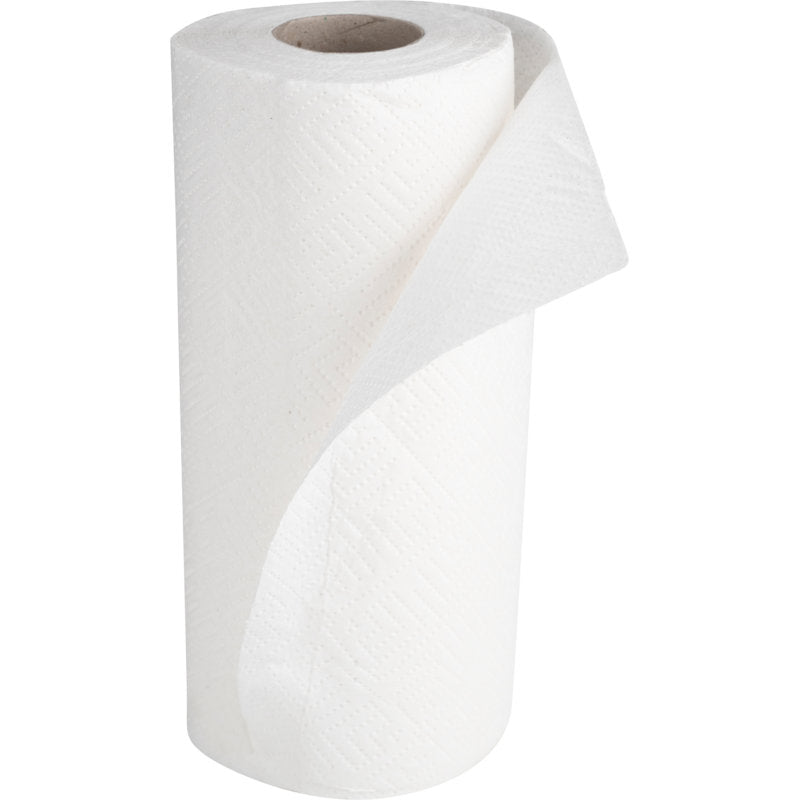Eine einzelne Rolle Abena Re-Seller GmbH Küchenrolle, 2-lagig (26 cm x 14 m), Weiß, aus einer 4er-Packung steht aufrecht mit einer teilweise ausgerollten Bahn und zeigt ihre geprägte, saugfähige Struktur auf einem einfarbig weißen Hintergrund.
