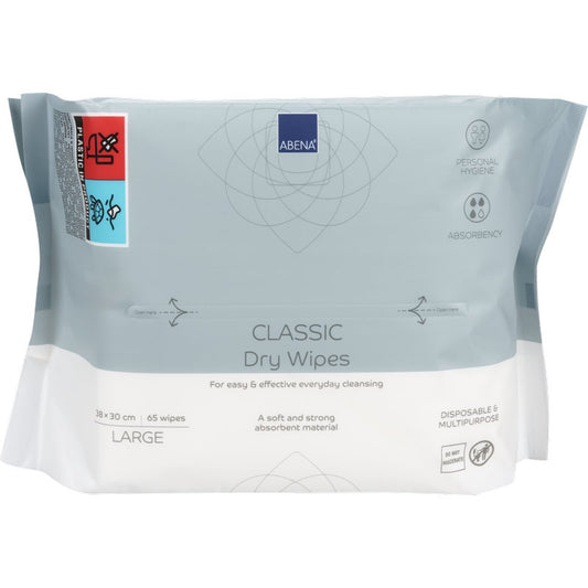 Eine Packung Einmal-Waschlappen ABENA Classic (65 Paar, 30x38 cm, weiß) von Abena Re-Seller GmbH bietet hygienische Reinigung, hohe Saugfähigkeit, vielseitige Verwendbarkeit und ist ein Einwegartikel.
