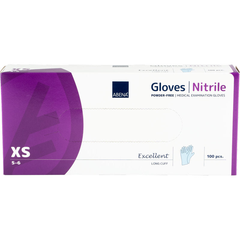 Eine rechteckige Schachtel der Abena Re-Seller GmbH Nitril-Handschuhe Excellent, puderfrei, lang, blau, Größe XS (5-6), enthält 100 medizinische Untersuchungshandschuhe. Die überwiegend lila-weiße Verpackung sorgt für eine einfache Identifizierung.