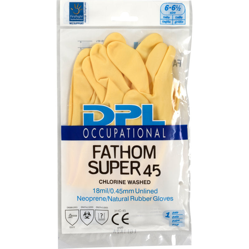 Eine Packung Abena Re-Seller GmbH Haushaltshandschuhe Latex, Gelb, Neopren Handschuhe, abgebildet in einer klaren Plastiktüte mit blauer und schwarzer Schrift.