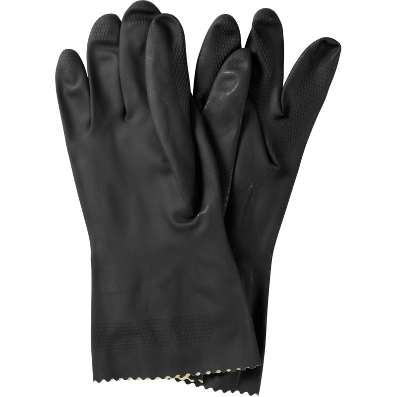 Ein Paar Abena Re-Seller GmbH Haushaltshandschuhe Latex, Schwarz sind auf weißem Grund geschichtet und weisen ein strukturiertes Griffmuster an den Fingern auf.