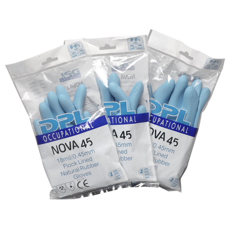 Ausgestellt sind drei Packungen Abena Re-Seller GmbH Haushaltshandschuhe Latex, Blau. Jede Packung enthält ein Paar beflockte Naturkautschukhandschuhe in Klarsichtverpackung - ideal als Reinigungshandschuhe für verschiedene Aufgaben.