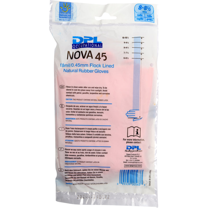 Eine durchsichtige Plastikverpackung mit der Aufschrift "Haushaltshandschuhe Latex, Pink" von Abena Re-Seller GmbH enthält rosa Latexhandschuhe mit Flockfutter. Auf der Vorderseite der Verpackung sind Produktdetails, Größenangaben und das Branding zu sehen.