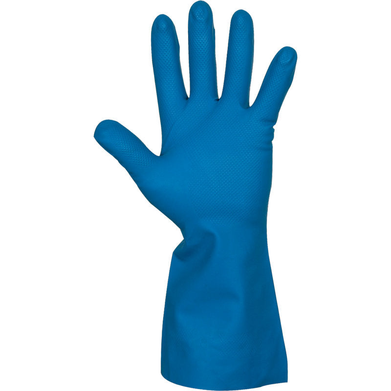 Ein einzelner blauer Haushaltshandschuh Nitril von Abena Re-Seller GmbH wird aufrecht, mit gespreizten Fingern und der Handfläche nach vorne, vor einem schlichten weißen Hintergrund präsentiert.
