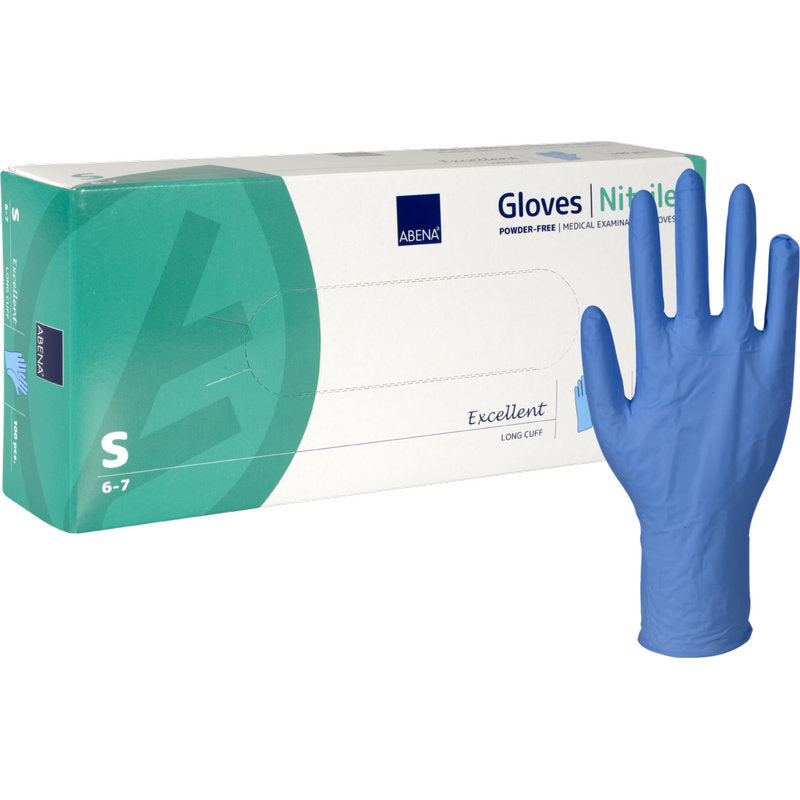 Eine Schachtel Abena Re-Seller GmbH Nitril-Handschuhe Excellent, Puderfrei, Lang, Blau in Größe Small wird neben einem einzelnen aufrecht stehenden blauen Handschuh gezeigt, der seine Form hervorhebt.