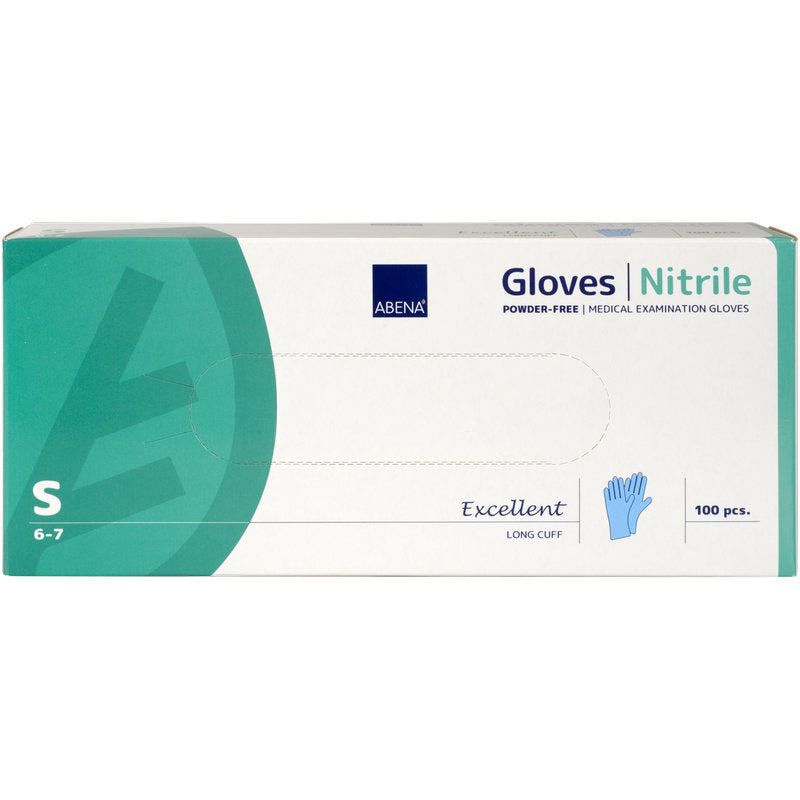 Eine rechteckige Schachtel der Abena Re-Seller GmbH Nitril-Handschuhe Excellent, Puderfrei, Lang, Blau, Größe S (6-7), enthält 100 puderfreie medizinische Handschuhe. Auf der meist weiß-teefarbenen Schachtel sind Produktinformationen und eine blaue Handschuhgrafik abgebildet.