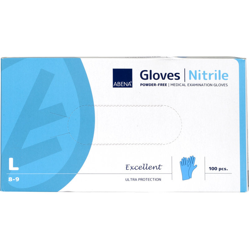 Eine Box Nitril-Handschuhe Excellent, puderfrei und blau von Abena Re-Seller GmbH in Größe Large enthält 100 Stück. Die Verpackung zeigt einen blauen Handschuh und den Schriftzug "Excellent Ultra Protection".