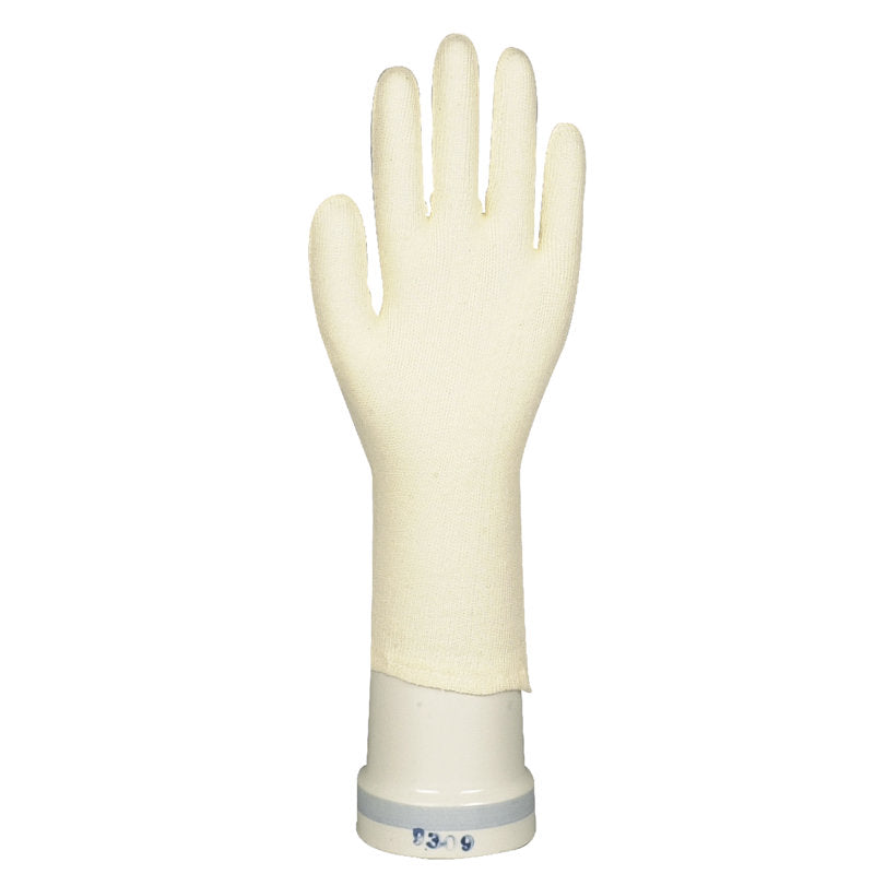 Die Abena Re-Seller GmbH Baumwollhandschuhe mit Finger, die aufrecht mit ausgestreckten Fingern und abgetrenntem Daumen auf einem weißen, zylindrischen Ständer abgebildet sind, eignen sich perfekt für Gartenarbeit und Arbeitsschutz.