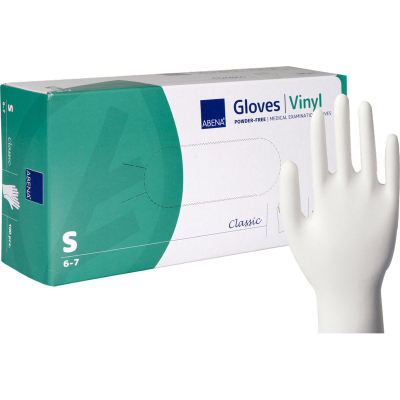 Eine Schachtel der Abena Re-Seller GmbH Vinyl-Handschuhe Classic, puderfrei und transparent in Größe Small steht neben einem einzelnen aufrecht stehenden weißen Handschuh. Die Schachtel ist grün-weiß gestaltet und zeigt Produktinformationen.