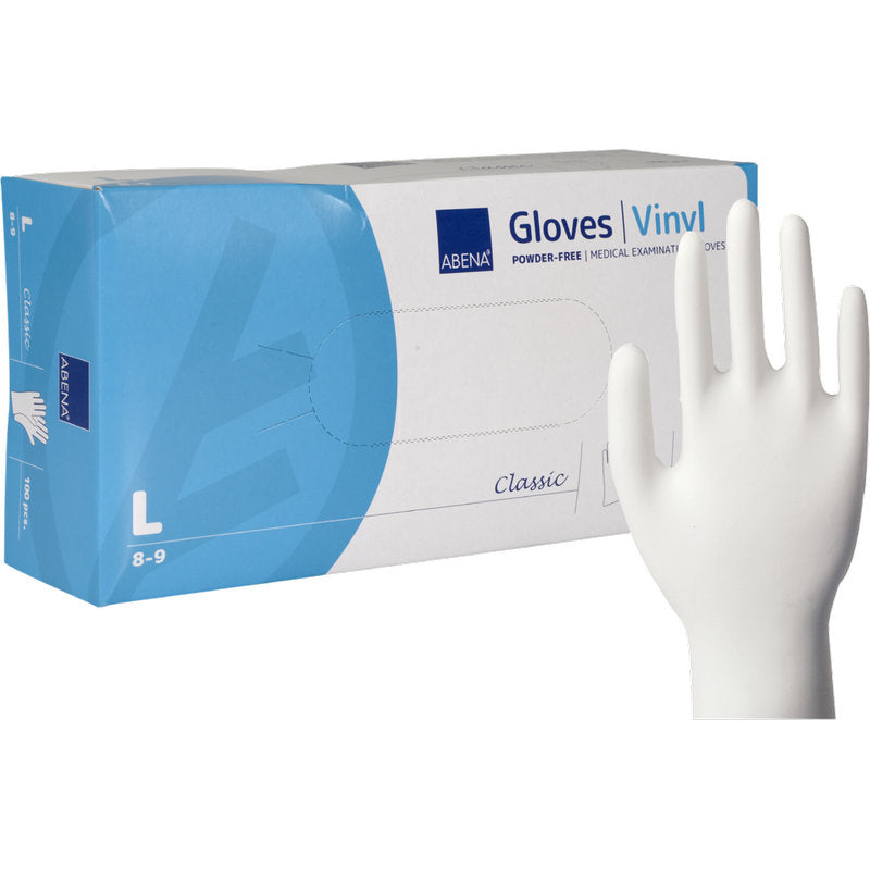 Eine Schachtel Abena Re-Seller GmbH Vinyl-Handschuhe Classic, puderfrei und transparent, Größe large, mit einem einzelnen weißen Handschuh aufrecht stehend; die Verpackung weist auf die Eignung für medizinische oder Untersuchungszwecke hin.