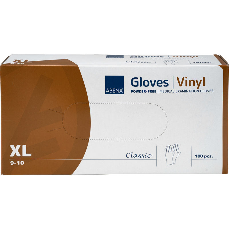 Eine Schachtel Abena Re-Seller GmbH Vinyl-Handschuhe Classic, puderfrei, transparent, Größe XL (9-10), 100 Stück. Die weiße Schachtel hat braune und blaue Akzente und ein Handsymbol.