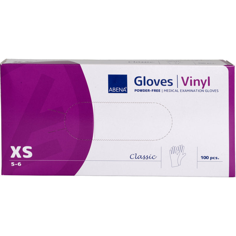 Eine Box Abena Re-Seller GmbH Vinyl-Handschuhe Classic, puderfrei und transparent, Größe XS (5-6), enthält 100 Stück. Die Verpackung ist weiß-lila mit Aufdruck und Handschuhabbildung.