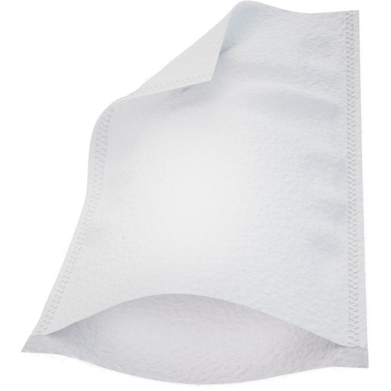 Ein einzelner Abena Re-Seller GmbH Waschhandschuh (16x23 cm, Molton Ultra Sonic, weiß) aus einer 50-Paare-Packung liegt auf weißem Hintergrund. Ein angehobenes Eck zeigt die Dicke und Textur des Pads mit genähten Rändern.