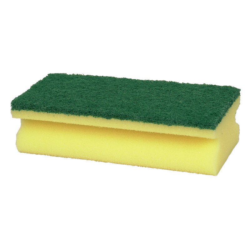 Der Abena Re-Seller GmbH Putzschwamm Groß (5x7x14 cm) verfügt über einen gelben Schaumstoffboden mit einem grünen Scheuerschwamm, ideal für die Reinigung großer Flächen, abgebildet auf weißem Hintergrund.