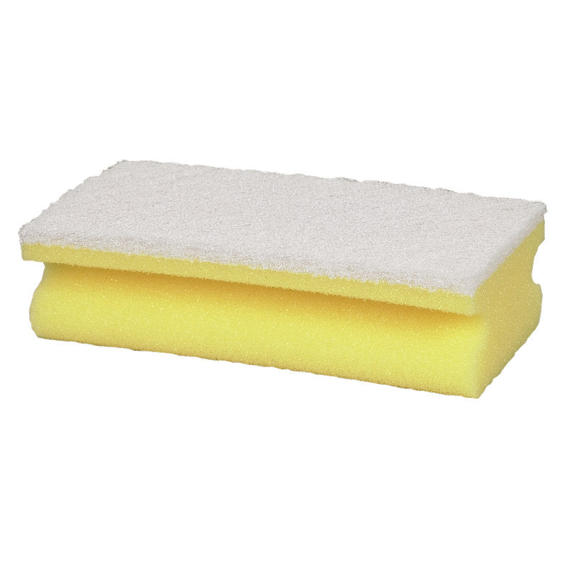 Der Abena Re-Seller GmbH Putzschwamm Groß (5x7x14 cm) ist ein rechteckiger, gelber Schwamm mit einem weißen Scheuerpad auf der Oberseite, der an den Seiten griffig eingekerbt ist und für die Reinigung großer Flächen konzipiert wurde.