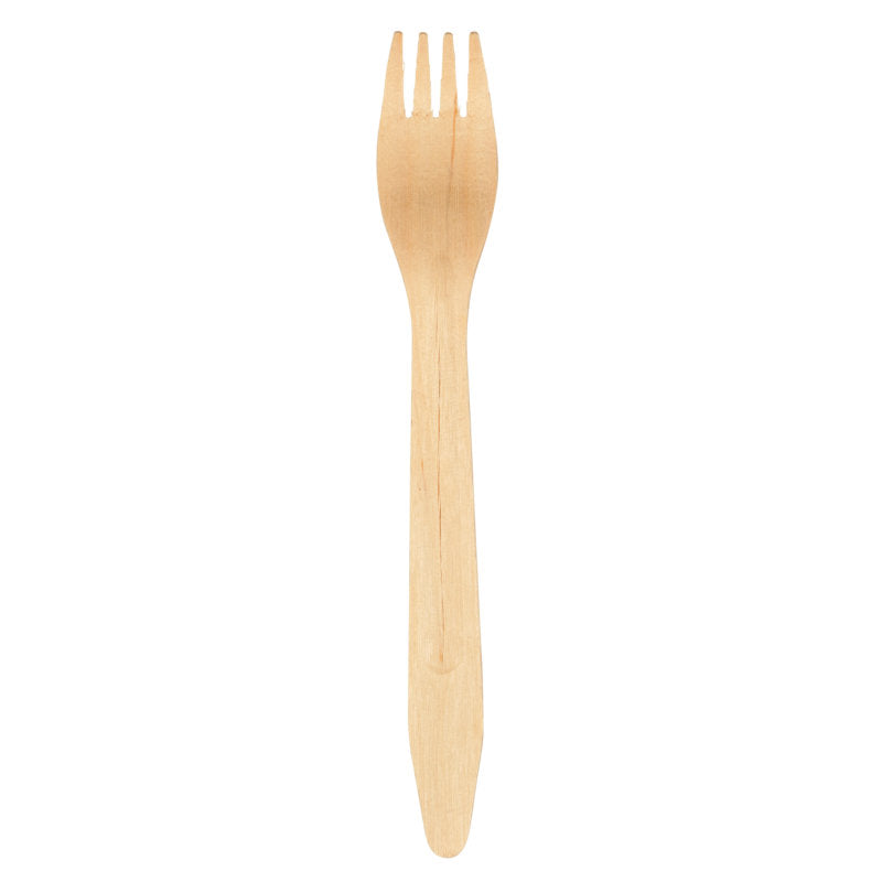 Eine Abena Re-Seller GmbH Gabel, 16,5 cm aus Holz (Packung mit 100 Paaren), fotografiert vor weißem Hintergrund - ein umweltfreundliches und nachhaltiges Einweg-Holzbesteck.