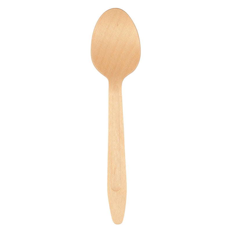 Ein 16 cm Holzlöffel von Abena Re-Seller GmbH, Packung mit 100 Paaren, wird auf weißem Hintergrund präsentiert-eine umweltfreundliche Wahl für nachhaltigen Besteckbedarf.