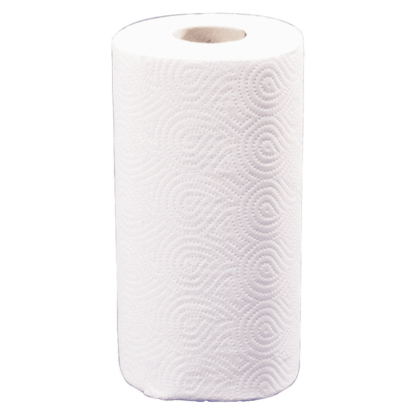 Eine 2-lagige Küchenrolle (22,5 cm x 17,85 m) von Abena Re-Seller GmbH steht aufrecht; ihr weißes Papier zeigt ein geprägtes Swirl-Muster. Die Verpackung enthält 4 Paare.